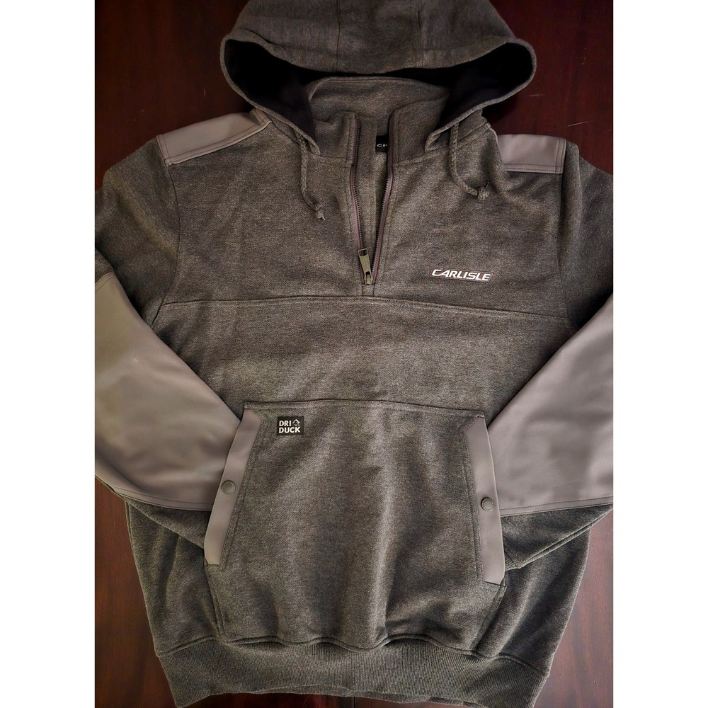 Dri Duck Mens Charcoal Gray 1/4 Zip Hooded‎ Sweatshirt Carlisle Logo Size M